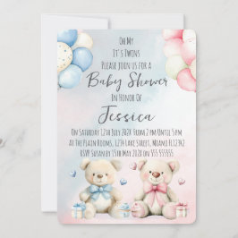 Convites Twin Boy & Girl Bear Baby Shower Invitation