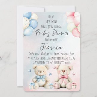 Convites Twin Boy & Girl Bear Baby Shower Invitation