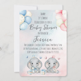 Convites Twin Boy & Girl Elephant Baby Shower Invitation