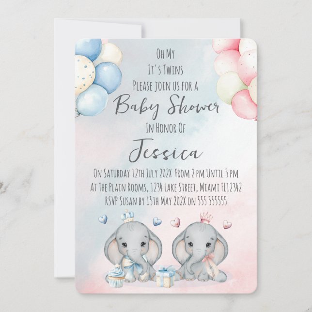 Convites Twin Boy & Girl Elephant  Baby Shower Invitation (Frente)