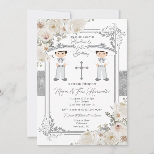 Convites Twin Boy Silver Mexicano Baptism Birthday Floral (Frente)