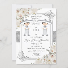 Convites Twin Boy Silver Mexicano Baptism Birthday Floral