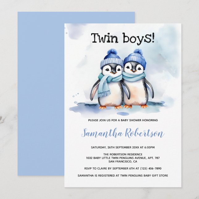 Convites Twin Boys Aquarela Chá de fraldas Azul de inverno (Frente/Verso)