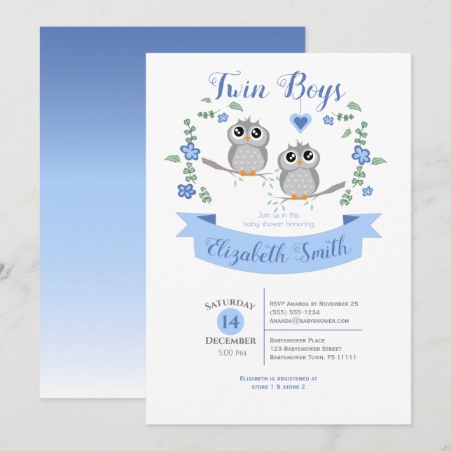 Convites Twin Boys Cute owls babyshower (Frente/Verso)