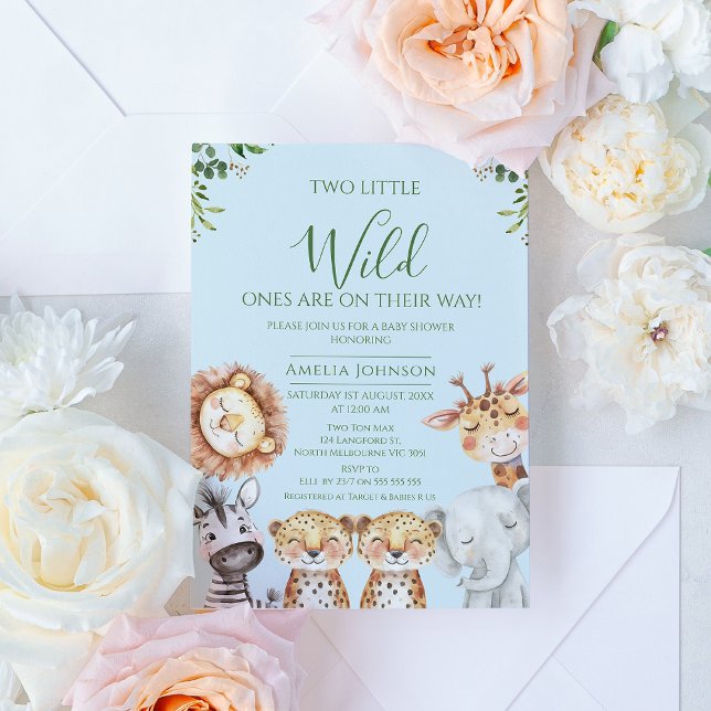 Convites Twin Boys Safari Dois Pequenos Chás de fraldas Sel (Boy Twins Safari Wild Ones Baby Shower Invitation, Two little Wild Ones Baby Shower Invite Twins)