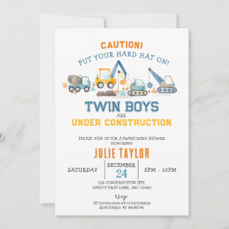 Convites Twin Boys under Construction, Digger Baby Shower