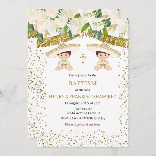 Convites Twin Floral Dourado Fiesta Boy Baptism Christening (Frente/Verso)