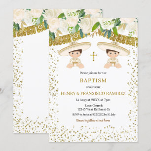 Convites Twin Floral Dourado Fiesta Boy Baptism Christening