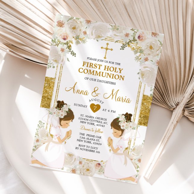 Convites Twin Girl White Flower 1rua Comunhão (Criador carregado)