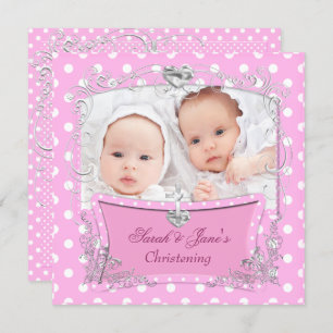 Convites Twin Girls Baby Christening Baptism Rosa