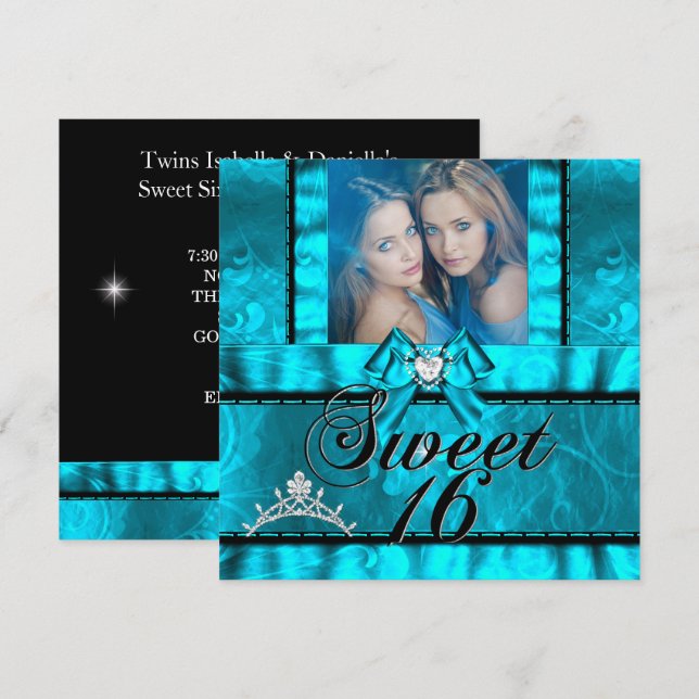 Convites Twin Girls Blue Teal Sweet 16 Sweet 16 (Frente/Verso)
