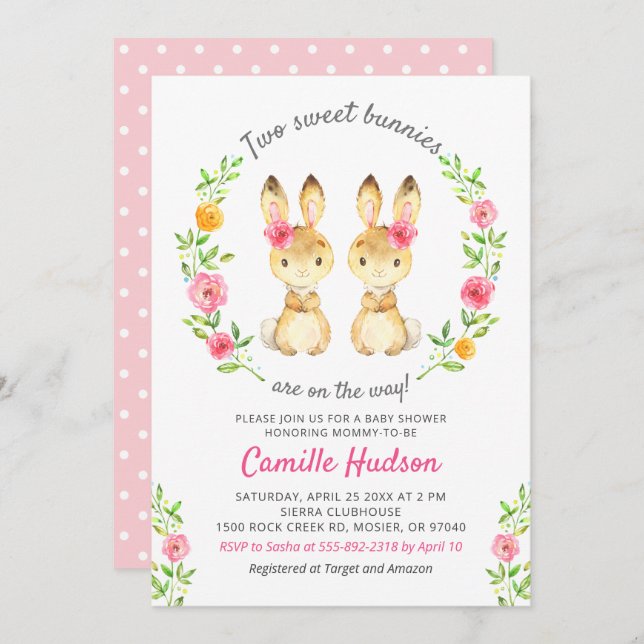 Convites Twin Girls Bunny Floral Chá de fraldas Rosa Sprink (Frente/Verso)