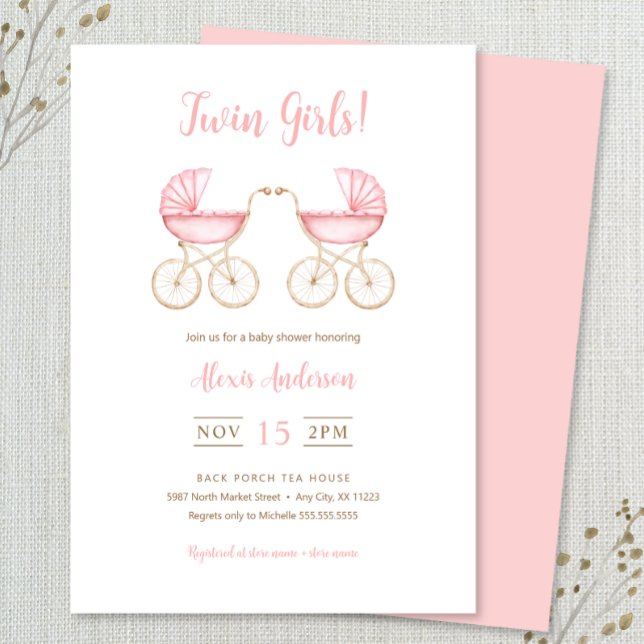 Convites Twin Girls Carriages Baby Shower Invitation (Criador carregado)