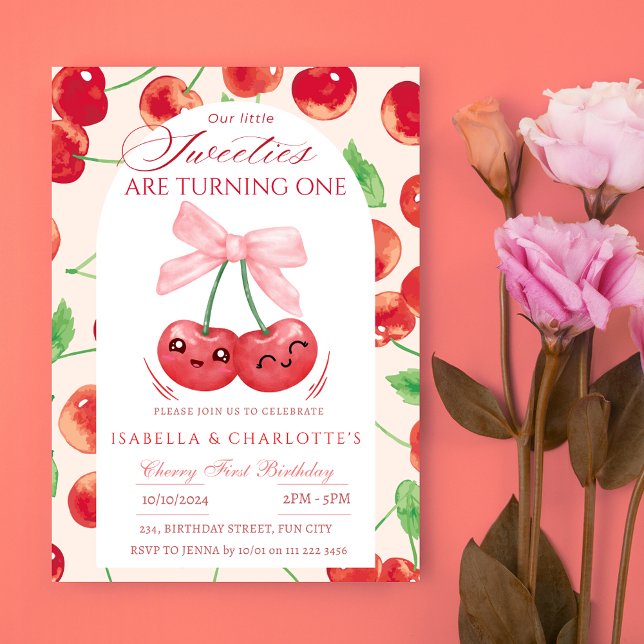 Convites Twin Girls Cherry Primeiro 11 ruas Qualquer Aniver (Twin Girls Cherry First 1st Any Age Birthday Invitation)