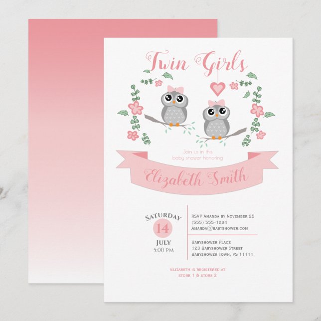 Convites Twin Girls Cute owls babyshower (Frente/Verso)