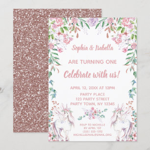 Convites Twin Girls Unicorn Glitter Primeiro Aniversário