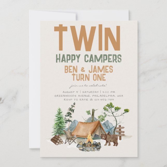 Convites Twin Happy Camper Watercolor primeiro aniversario (Frente)