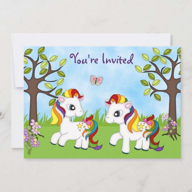 Convites Twin Rainbow Ponies Horse Birthday (Frente)