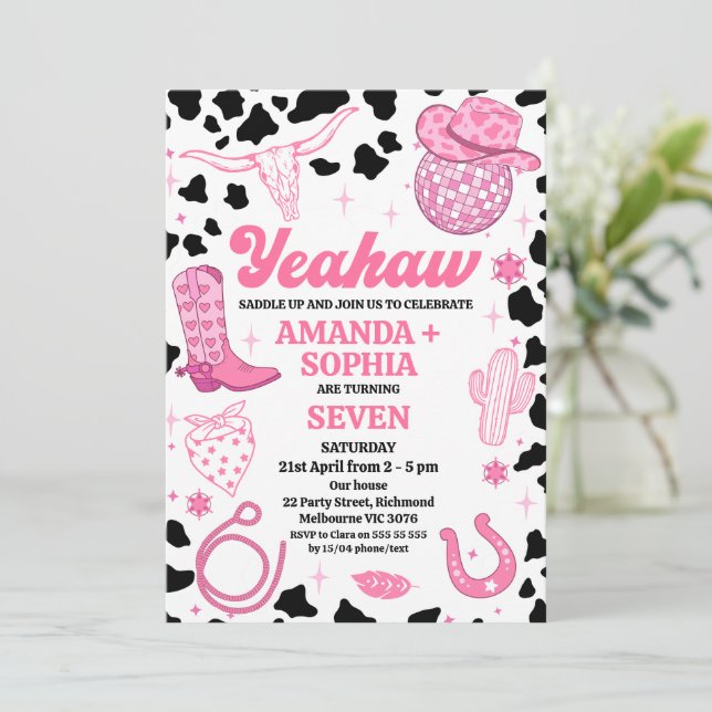 Convites Twin Rosa Quente Cowgirl Rodeo Western Disco Anive (Em pé/Frente)