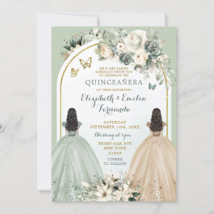 Convites Twin Sage Green e Ivory Quinceañera Princesscesses