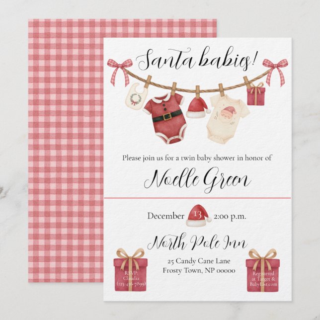 Convites Twin Santa Babies Baby Shower Invitation (Frente/Verso)