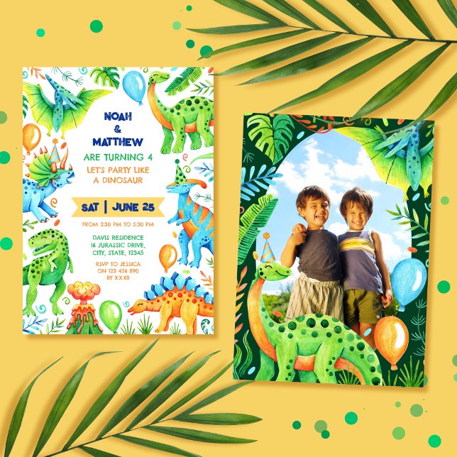 Convites Twin Siblings Joint Dinosaur Birthday Foto (Twin Siblings Joint Dinosaur Birthday Boys Photo Invitation)