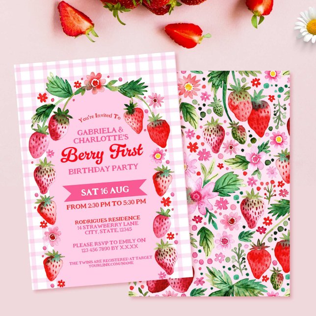 Convites Twin Sisters Joint Strawberr Berry Primeiro Aniver (Twin Sisters Joint Strawberr Berry First Birthday Invitation)