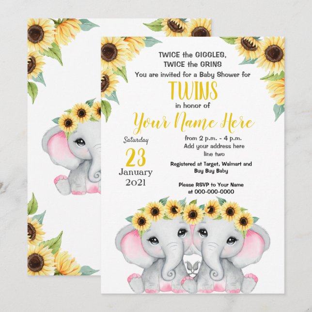 Convites TWIN Sunflower Girls Elephant Yellow Pink Chá (Frente/Verso)