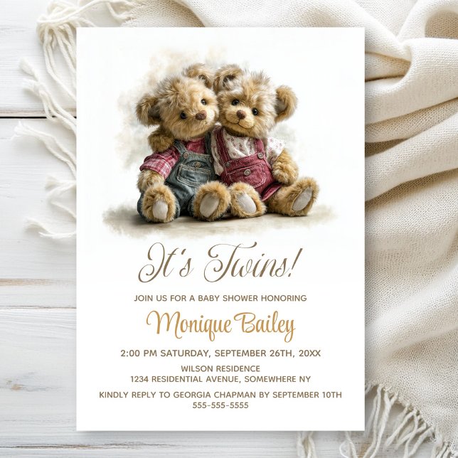 Convites Twin Teddy Bears Baby Shower (Criador carregado)