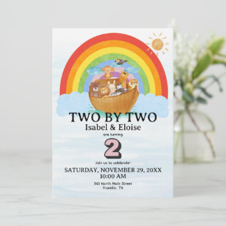 Convites TWIN Two by Two Noah's Ark Girl Birthday Invite