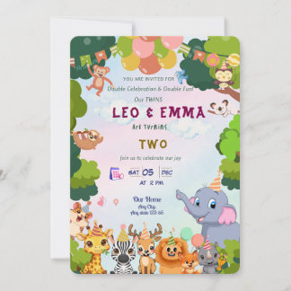 Convites Twin Wild Animals Party Invitation