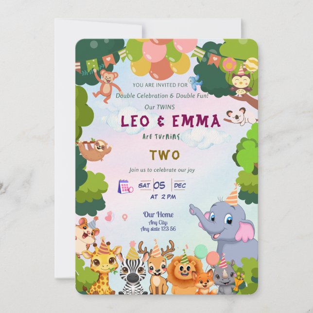 Convites Twin Wild Animals Party Invitation (Frente)