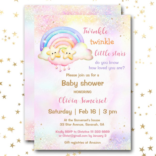 Convites Twinel Pequena Estrela Twinta Chá de fraldas Arco- (Twinkle Little Star Twins Rainbow Baby Shower Invitation)