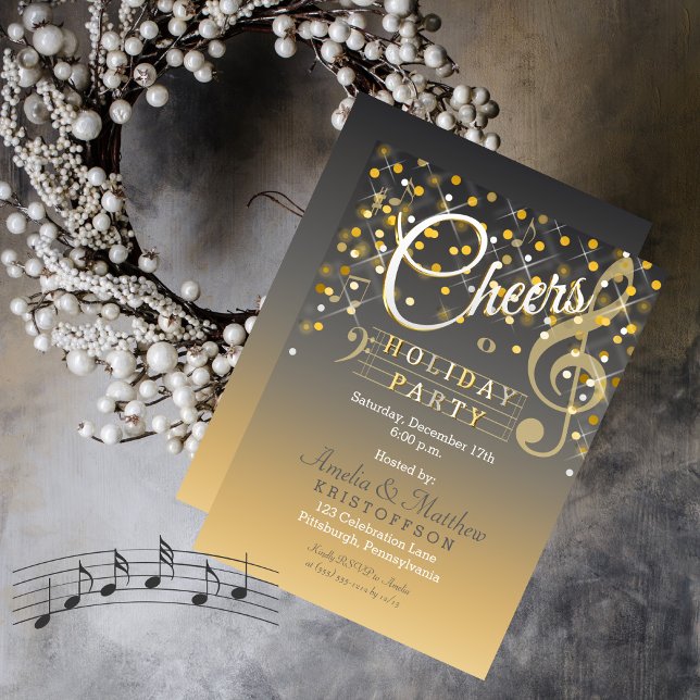 Convites Twinkle Lights Música Tema Cheio Festa de Férias (Cheers Christmas Holiday Party in Gray and Gold Tone)