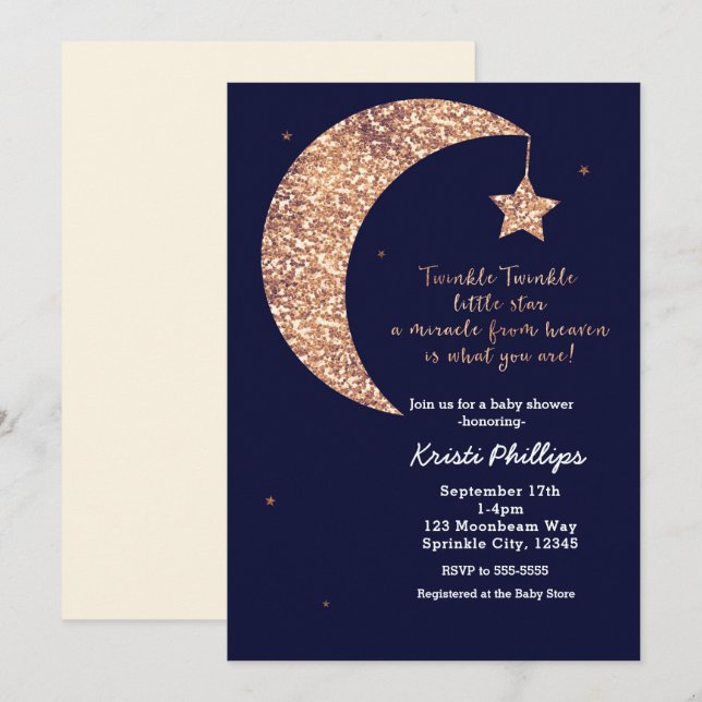 Convites Twinkle Little Star Azul Bronze Lua Baby Shower (Frente/Verso)