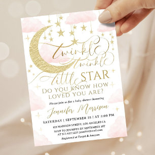 Convites Twinkle Little Star Baby Shower Menina Rosa Dourad