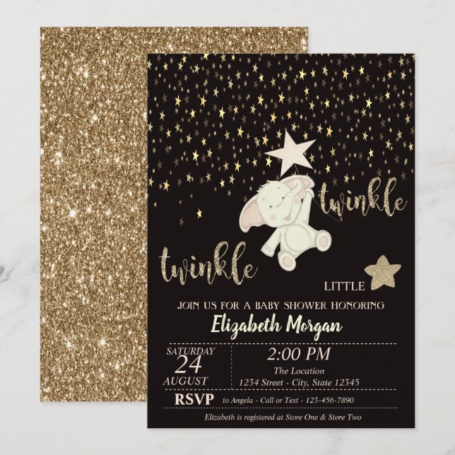 Convites Twinkle Little Star Brilho Dourado, Chá de Bebê Ur (Frente/Verso)