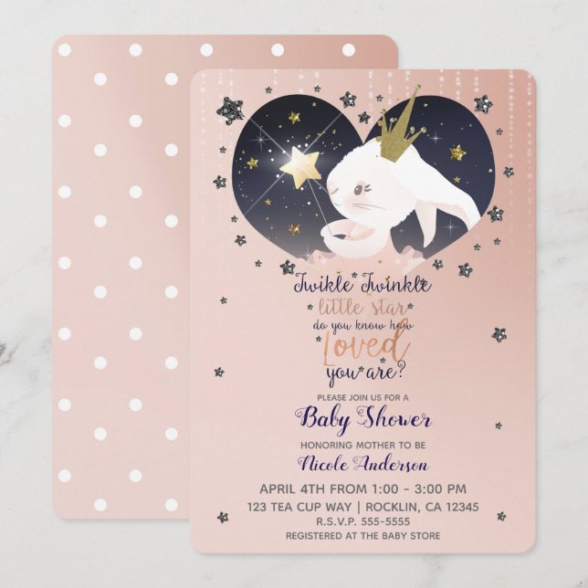Convites Twinkle Little Star Bunny Rabbit Peach Baby Shower (Frente/Verso)