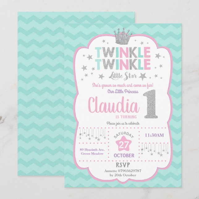 Convites Twinkle Little Star primeiro aniversario Princesa (Frente/Verso)
