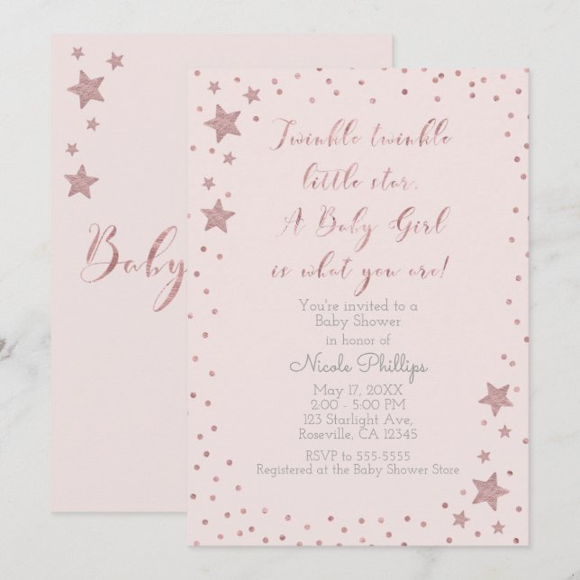 Convites Twinkle Little Star Rose Gold Menina Festa de Bebê (Frente/Verso)