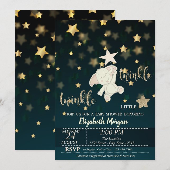 Convites Twinkle Star Preto, Dourado, Chá de Bebê Urso (Frente/Verso)