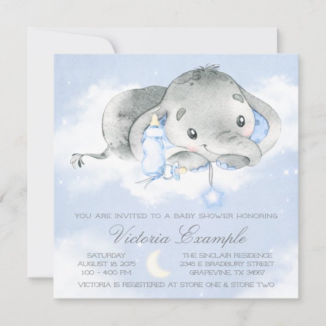 Convites Twinkle Twinkle Bebê Menino Elefante Chá de Bebê (Frente)