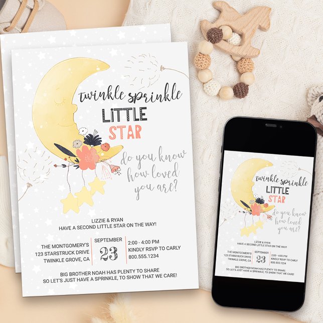Convites Twinkle Twinkle Floral Lua Baby Sprinkle (Twinkle twinkle little star baby sprinkle invitation)