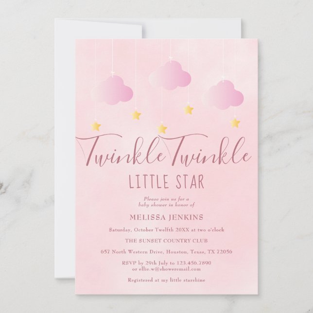 Convites Twinkle Twinkle Little Star Chá de Bebê Menina Ros (Frente)