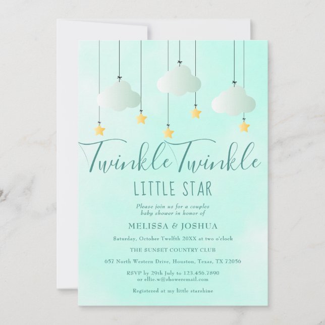 Convites Twinkle Twinkle Little Star Chuvada de Bebê Neutra (Frente)