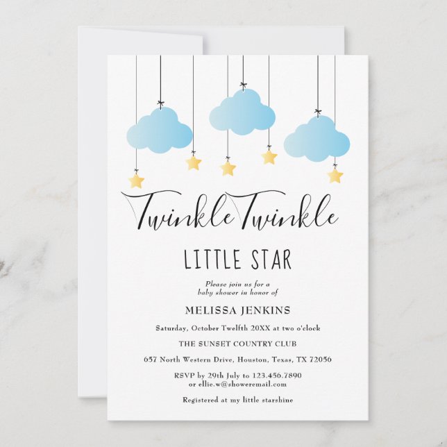 Convites Twinkle Twinkle Little Star Chuveiro de Bebê Menin (Frente)