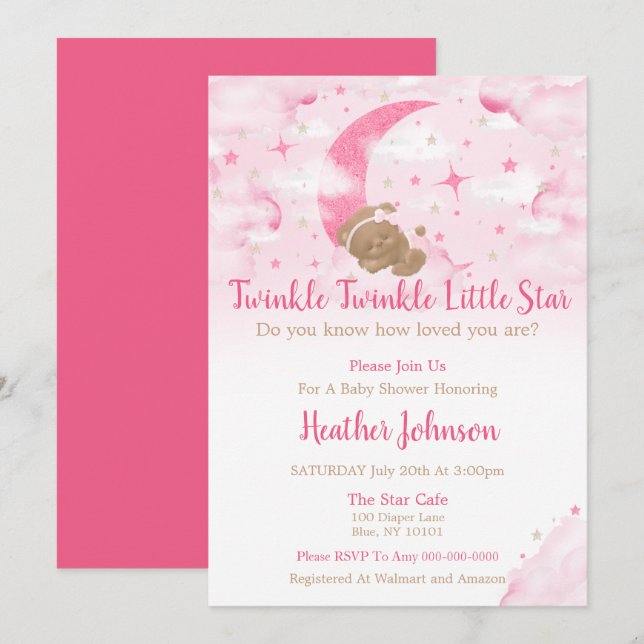 Convites Twinkle Twinkle Pequena Chá de fraldas do Urso Est (Frente/Verso)