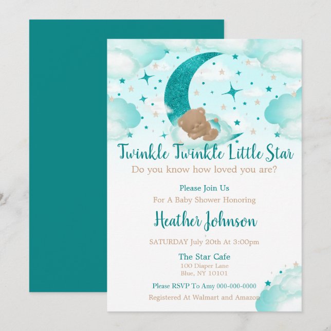Convites Twinkle Twinkle Pequena Chá de fraldas do Urso Est (Frente/Verso)