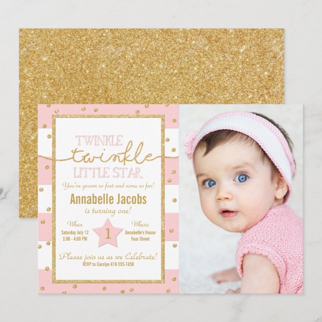 Convites Twinkle Twinkle Rosa e Dourada Foto de Aniversário (Frente/Verso)