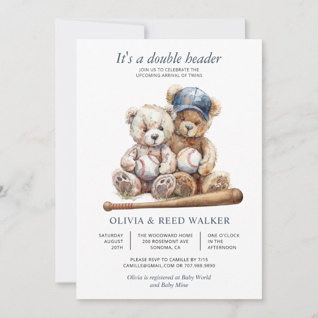 Convites Twins Baseball Double Header Bear Baby Shower (Frente)